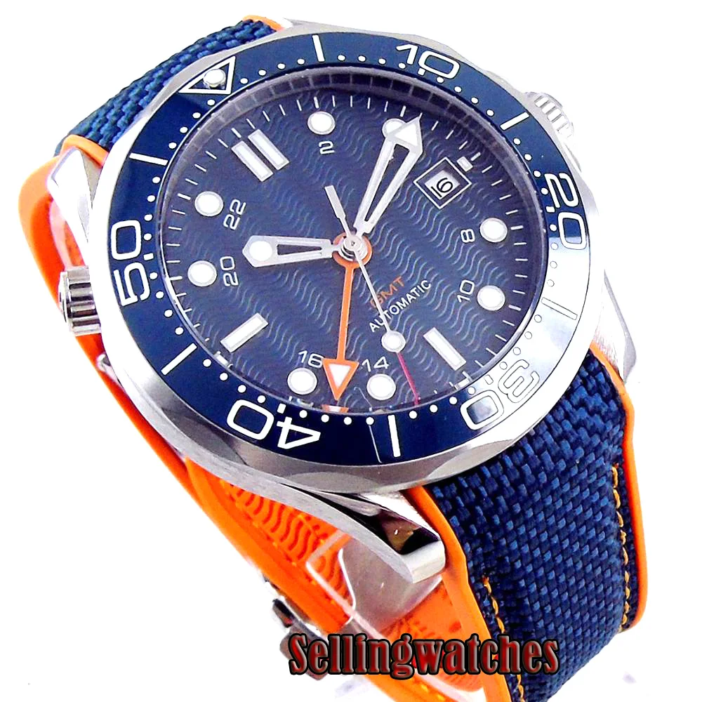 

new 41mm bliger blue sterile dial GMT hand luminous marks ceramic bezel sapphire glass date automatic mens watch