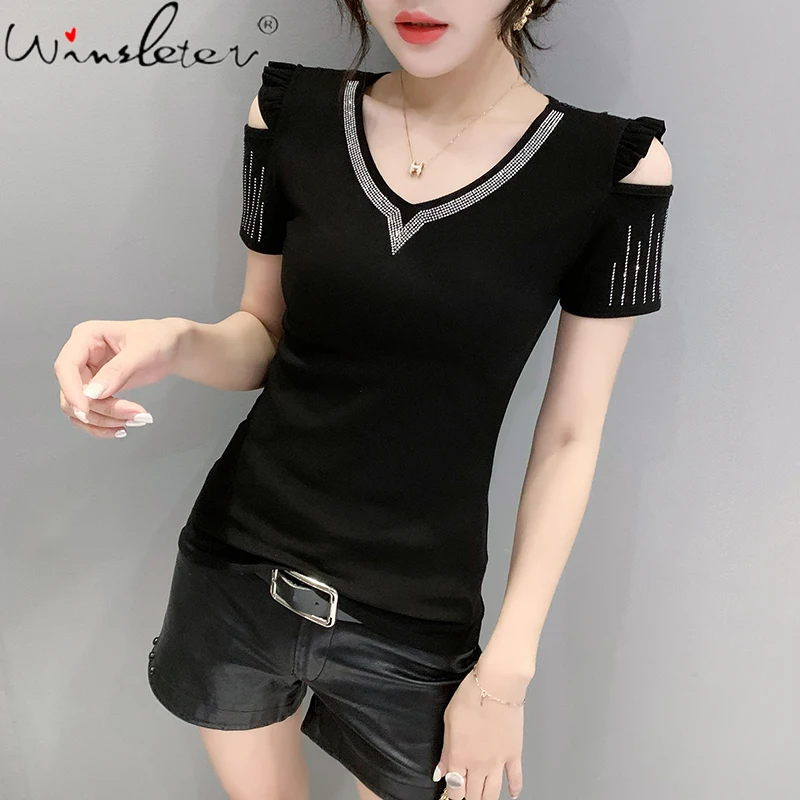 Summer European Style Solid Cotton T-Shirt Sexy Off Shoulder Shiny Diamonds Women Tops Short Sleeve All Match Tees 2021 T14305A
Summer European Style Solid Cotton T-Shirt Sexy Off Shoulder Shiny Diamonds Women Tops Short Sleeve All Match Tees 2021 T14305A
