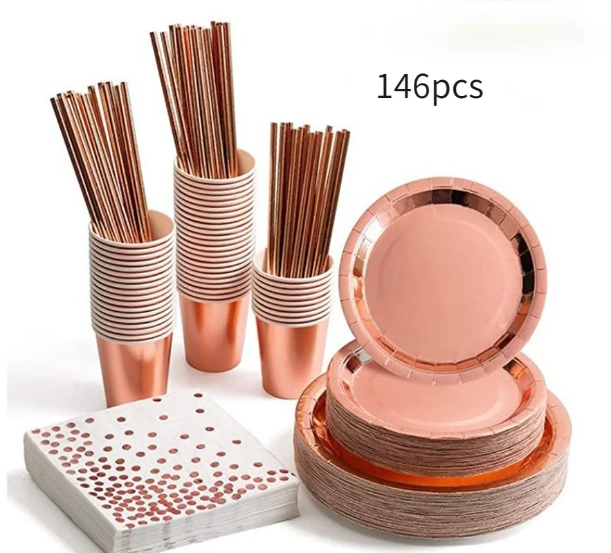 146pcs Party Tableware Supplies Gold /Rose Gold Festival Disposable Paper Cups Plates Straws Set Wedding Birthday Table Decor
146pcs Party Tableware Supplies Gold /Rose Gold Festival Disposable Paper Cups Plates Straws Set Wedding Birthday Table Decor
