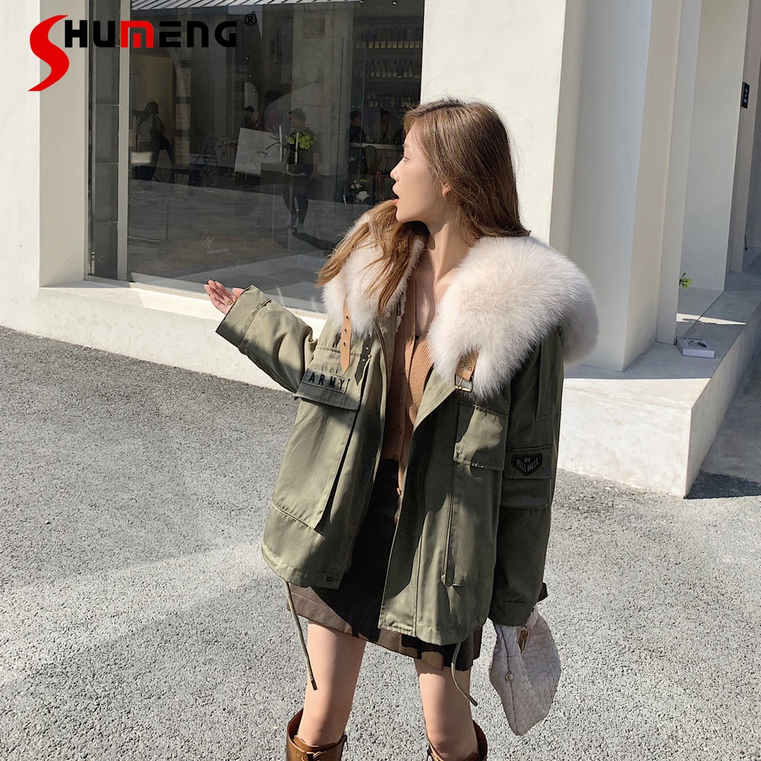

2021 New Winter Women's Fashion Simple Imitate Rabbit Fur Parka Ladies High Street Solid Fox Fur Liner Detachable Short Coat