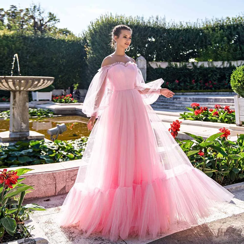 Cute Pink Off the Shoulder Prom Dresses Long Sleeves Puffy Tulle Gowns Lace-up Robes De Soirée
Cute Pink Off the Shoulder Prom Dresses Long Sleeves Puffy Tulle Gowns Lace-up Robes De Soirée