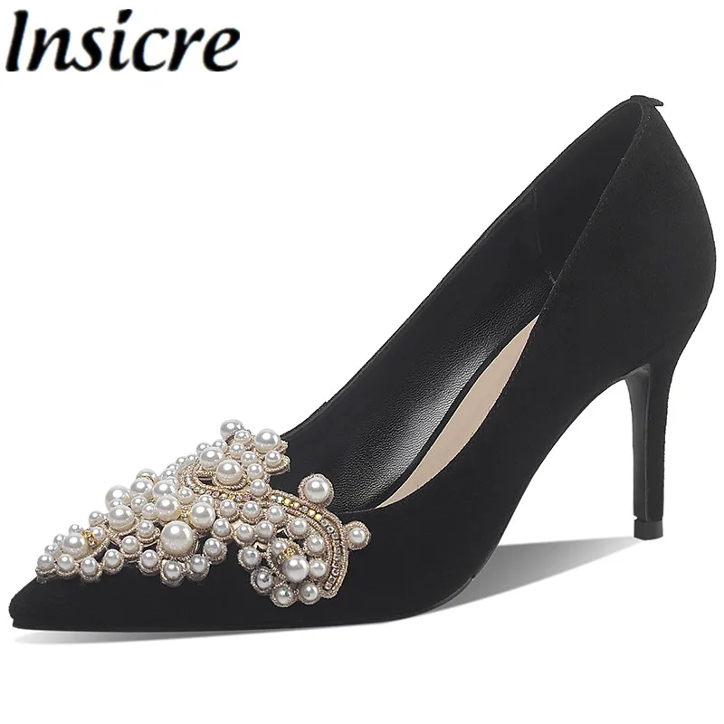 

Insicre Women Pumps Black Bead Pointed Toe Kid Suede 2021 Classics Summer Shoes Thin High Heels Shallow Party