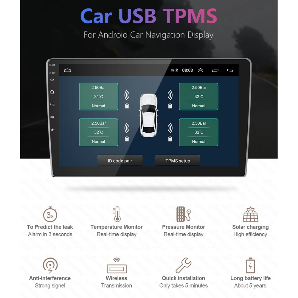 USB Android TPMS Car Tire Pressure Monitoring System Display 4 Internal external Sensors Android Navigation Tyre Pressure Alarm
USB Android TPMS Car Tire Pressure Monitoring System Display 4 Internal external Sensors Android Navigation Tyre Pressure Alarm