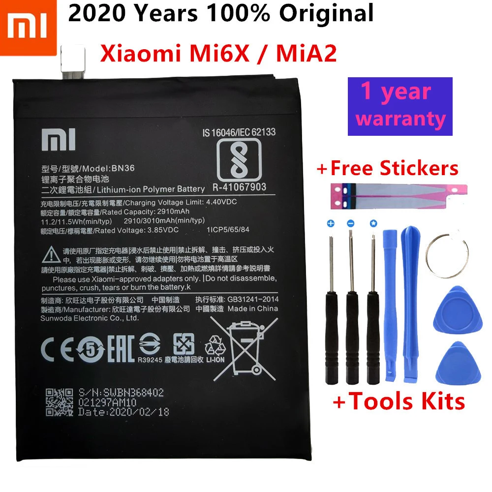 Xiaomi Original Replacement Phone Battery BN36 For Xiaomi Mi6X Mi 6X MiA2 Mi A2 Capacity 2910mAh Genuine Li-ion battery Tools
Xiaomi Original Replacement Phone Battery BN36 For Xiaomi Mi6X Mi 6X MiA2 Mi A2 Capacity 2910mAh Genuine Li-ion battery Tools