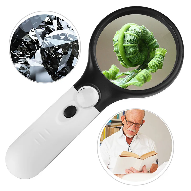 Handheld 3X 45X Illuminated Magnifier Microscope Magnifying Glass Aid Reading for Seniors loupe Jewelry Repair Tool With 3 LED
Handheld 3X 45X Illuminated Magnifier Microscope Magnifying Glass Aid Reading for Seniors loupe Jewelry Repair Tool With 3 LED