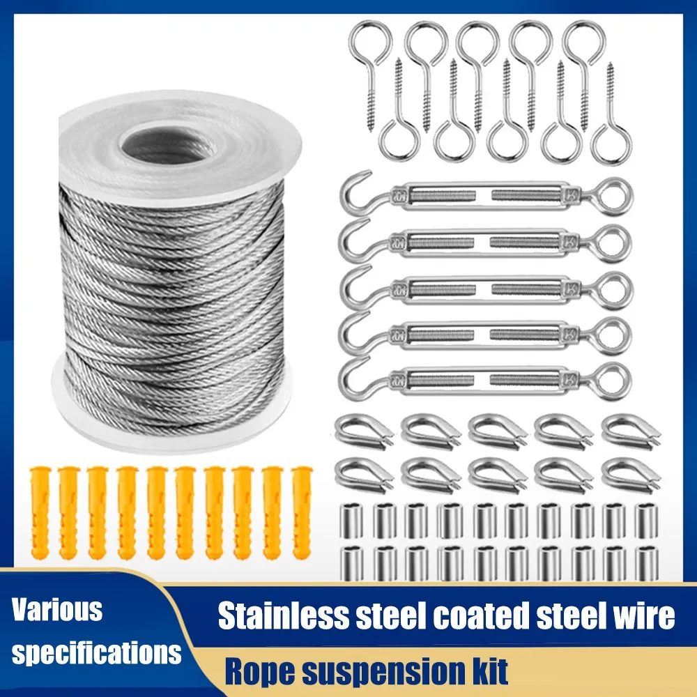 15/20/30M Wire Rope Kit Stainless Steel PVC Coated Rust Resistance Flexible Clothesline Hooks Hanging Kit for Outdoor Indoor 
15/20/30M Wire Rope Kit Stainless Steel PVC Coated Rust Resistance Flexible Clothesline Hooks Hanging Kit for Outdoor Indoor