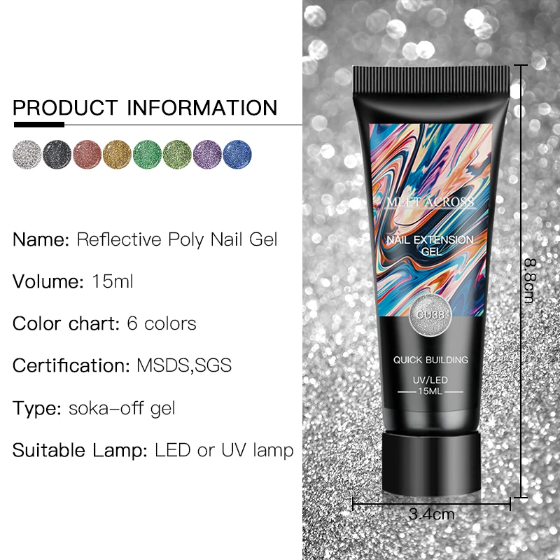 MEET ACROSS 15ml Reflective Glitter Extension Nail Gel Soak Off UV Long Lasting Fast Building Nail Gel for Manicure Acrylic Gel
MEET ACROSS 15ml Reflective Glitter Extension Nail Gel Soak Off UV Long Lasting Fast Building Nail Gel for Manicure Acrylic Gel