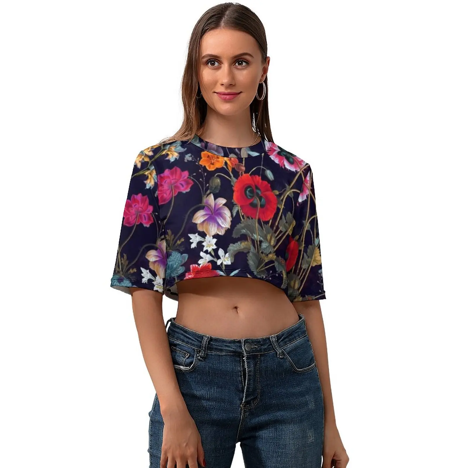 Укороченная футболка с цветочным принтом, женская футболка с круглым вырезом, модная летняя футболка из полиэстера с коротким рукавом
Укороченная футболка с цветочным принтом, женская футболка с круглым вырезом, модная летняя футболка из полиэстера с коротким рукавом