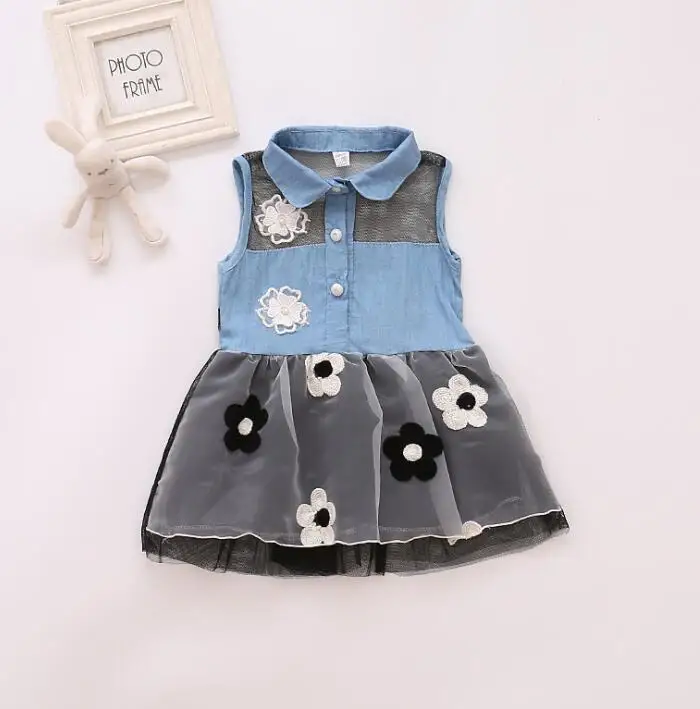 Модное детское платье-пачка принцессы из джинсовой ткани с цветочным узором для