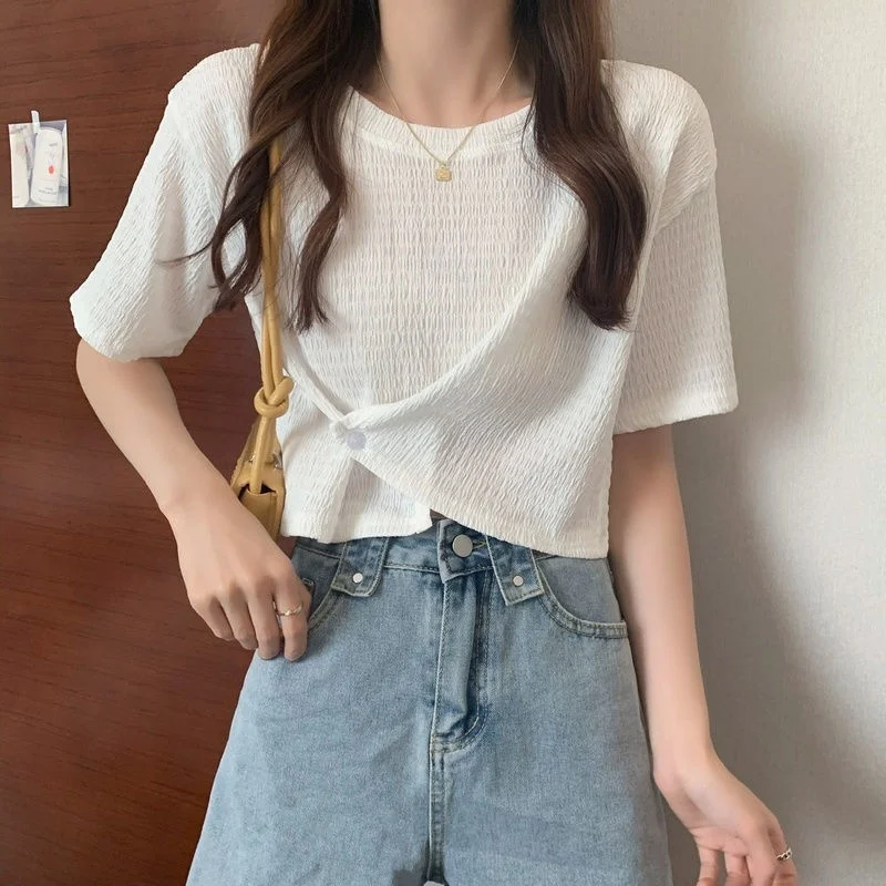 2021 Summer New Women's Design Irregular Short Top Loose Fold Solid Color Casual Fashion Short Sleeve T-shirt
2021 Summer New Women's Design Irregular Short Top Loose Fold Solid Color Casual Fashion Short Sleeve T-shirt