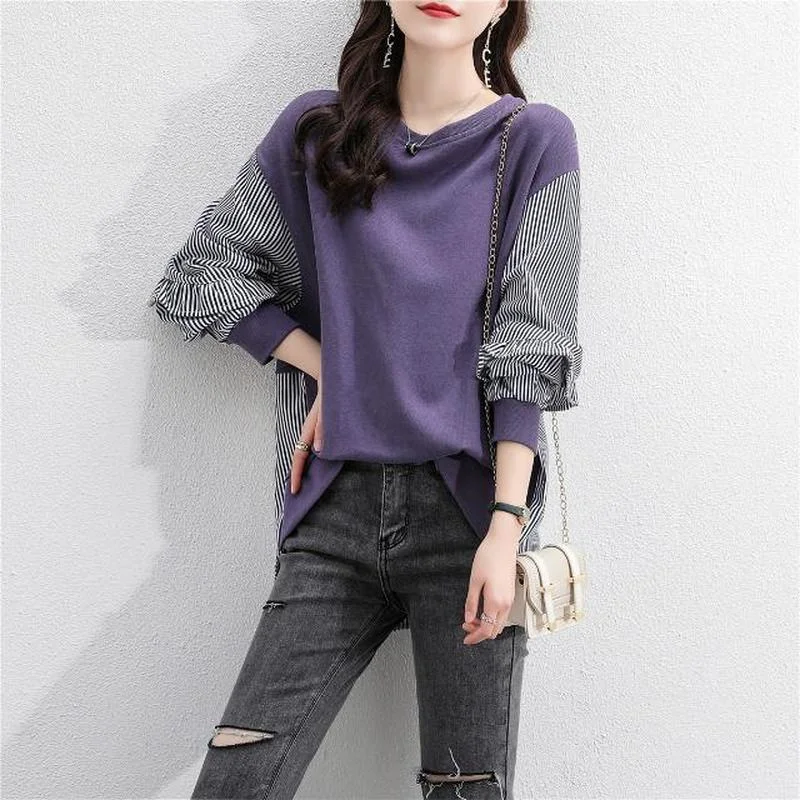 New Ruffle Blouse Women Striped Purple Grey White Patchwork Pullover Tops Casual Loose Lady Teens O-neck Rib Sleeve Spring Fall
New Ruffle Blouse Women Striped Purple Grey White Patchwork Pullover Tops Casual Loose Lady Teens O-neck Rib Sleeve Spring Fall