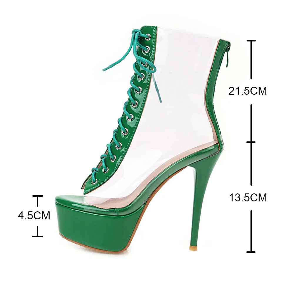 Sexy Women 13.5 CM Super High heels Zip Lace-up Ankle Boots Fish mouth PVC Transparent Model Pole Dancing Performance Boots Punk
Sexy Women 13.5 CM Super High heels Zip Lace-up Ankle Boots Fish mouth PVC Transparent Model Pole Dancing Performance Boots Punk