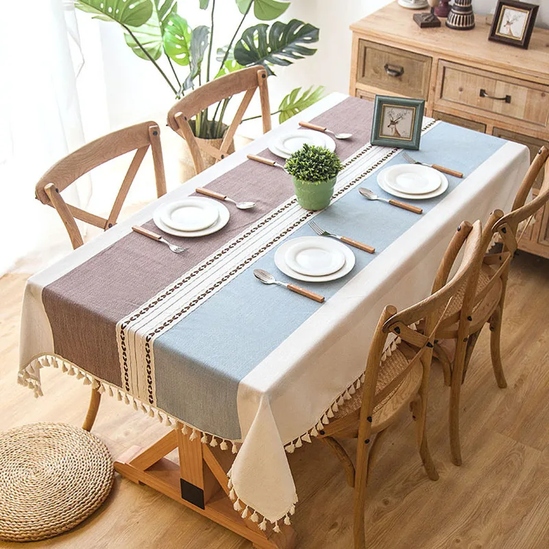 

Toalha de mesa decorativa de linho xadrez com borla, à prova d'água, retangular, grosso, para casamento, toalha de mesa