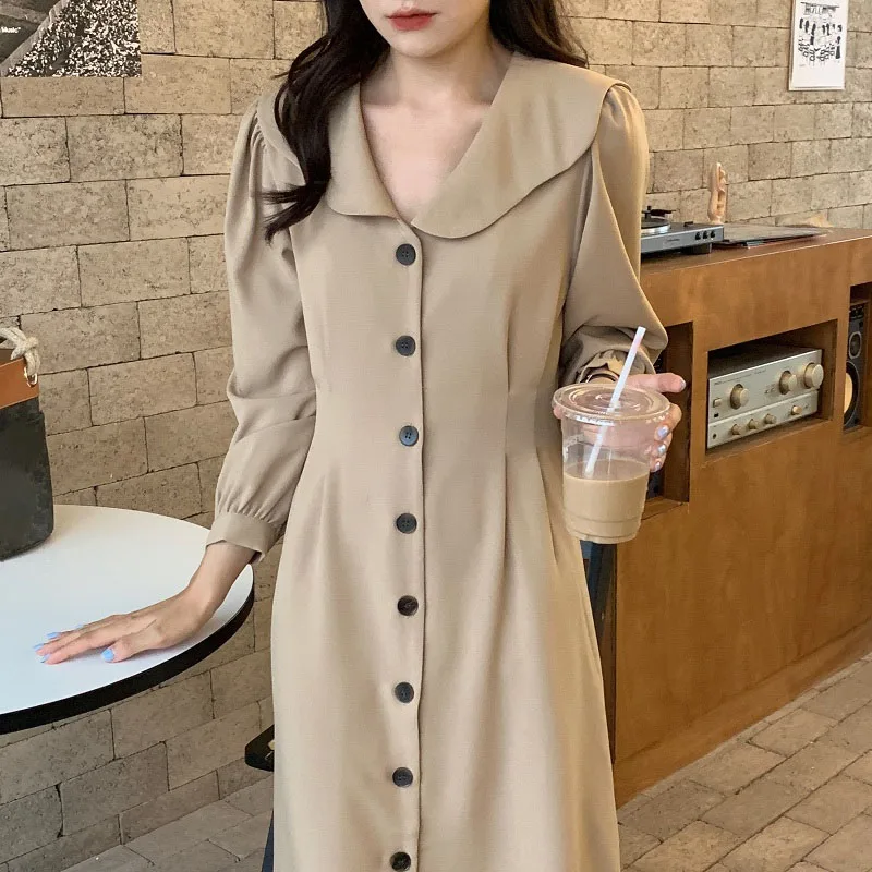 2021 Autumn One-Piece Korean Chic Lapel Single-Breasted Pleated Waist Puff Sleeve Dress Office Ladies Casual Vestido De Mujer
2021 Autumn One-Piece Korean Chic Lapel Single-Breasted Pleated Waist Puff Sleeve Dress Office Ladies Casual Vestido De Mujer