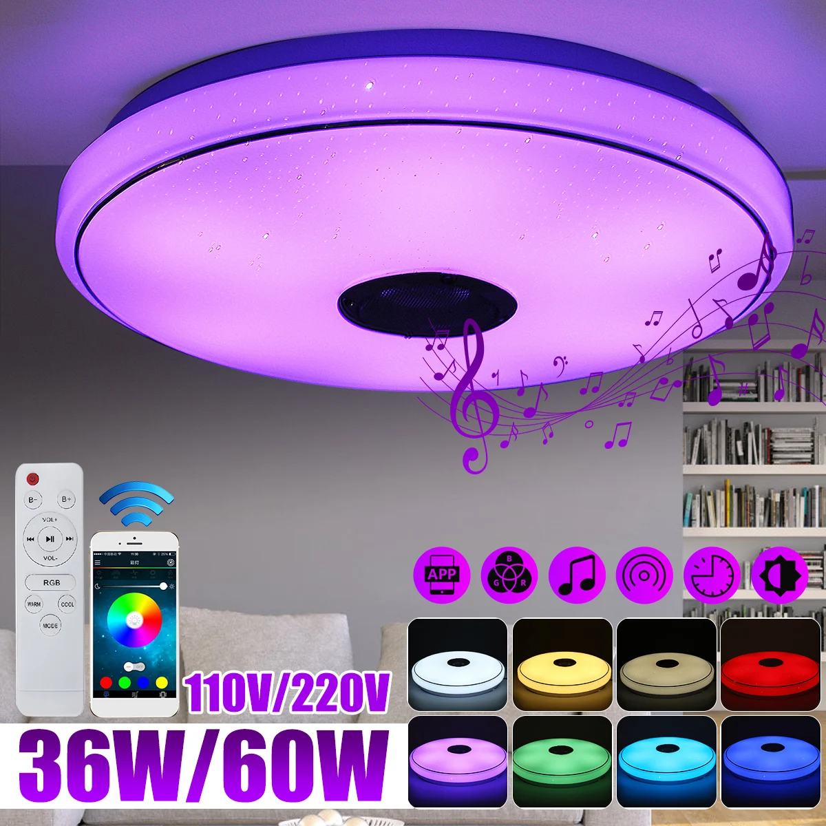 36W/60W RGB Dimmable Music Ceiling Light Remote&APP Control Ceiling Lamp AC110-220V for Home bluetooth Speaker Lighting Fixture
36W/60W RGB Dimmable Music Ceiling Light Remote&APP Control Ceiling Lamp AC110-220V for Home bluetooth Speaker Lighting Fixture