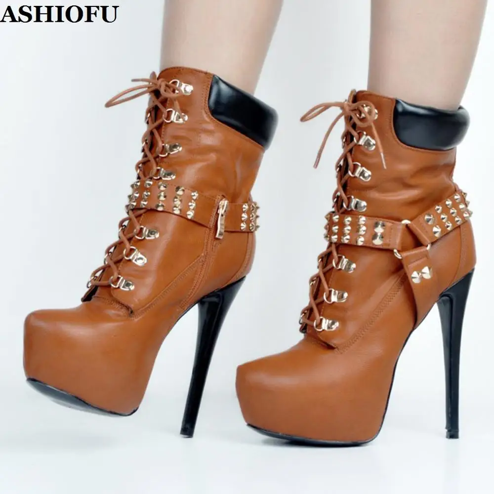 ASHIOFU Realpics Handmade Women High Heel Boots Shoelace Rivets Spikes Party Ankle Boots Sexy Platform Evening Fashion Boots
ASHIOFU Realpics Handmade Women High Heel Boots Shoelace Rivets Spikes Party Ankle Boots Sexy Platform Evening Fashion Boots