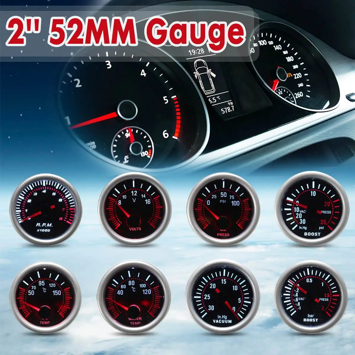 12V Universal 2'' 52mm Car LED Gauge Turbo Boost Meter BAR/PSI Vacuum Water Oil Temp/Pressure Tachometer Volt Gauge Car Meter
12V Universal 2'' 52mm Car LED Gauge Turbo Boost Meter BAR/PSI Vacuum Water Oil Temp/Pressure Tachometer Volt Gauge Car Meter