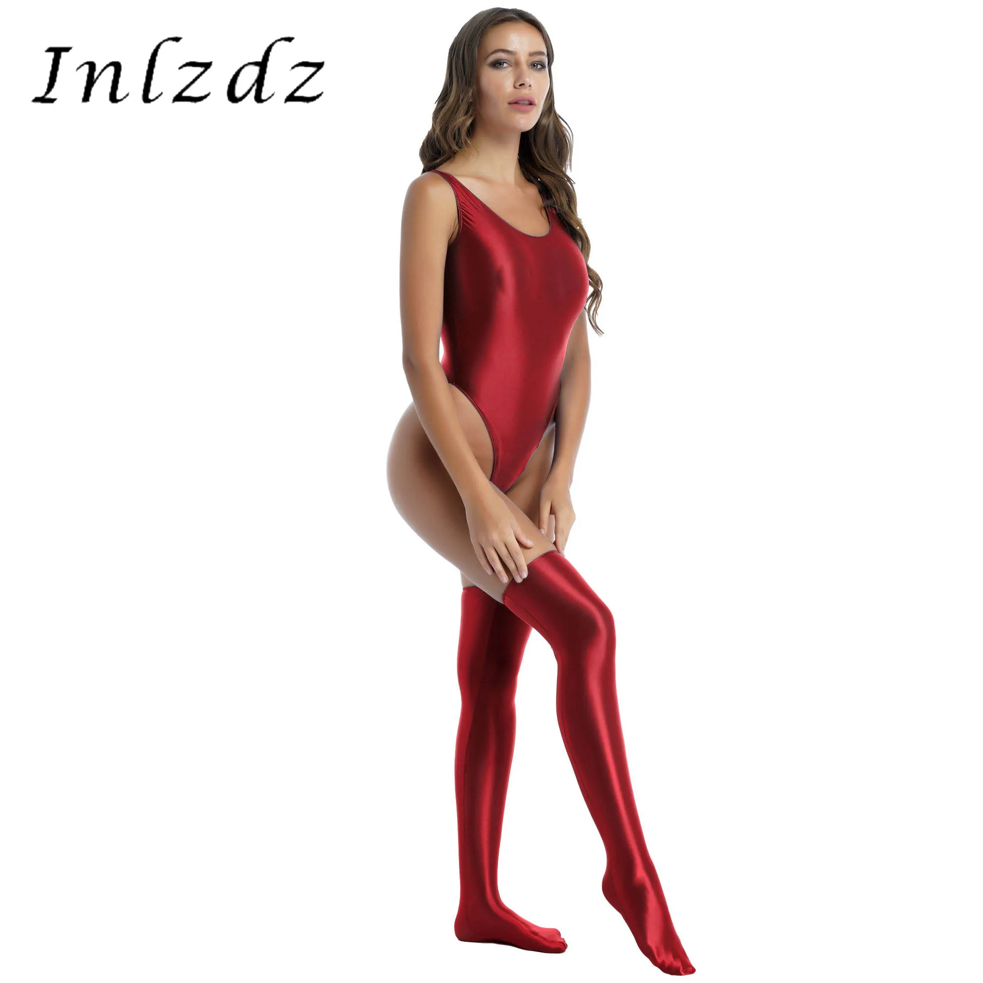 

Womens Lingerie Bodysuit with Stocking Round Neck Sleeveless Glossy Stretchy High Cut Swimsuit Stage Show Clubwear Costume