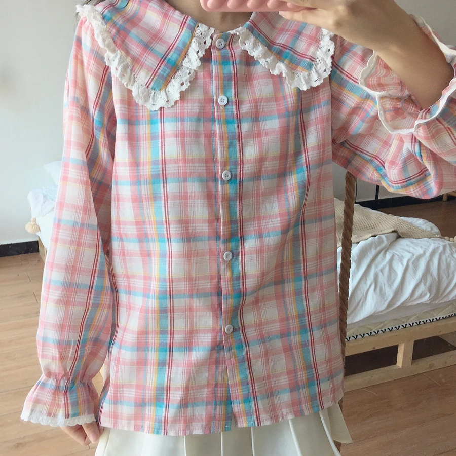 Новинка Весна 2020 в японском стиле Милая Кружевная винтажная клетчатая рубашка