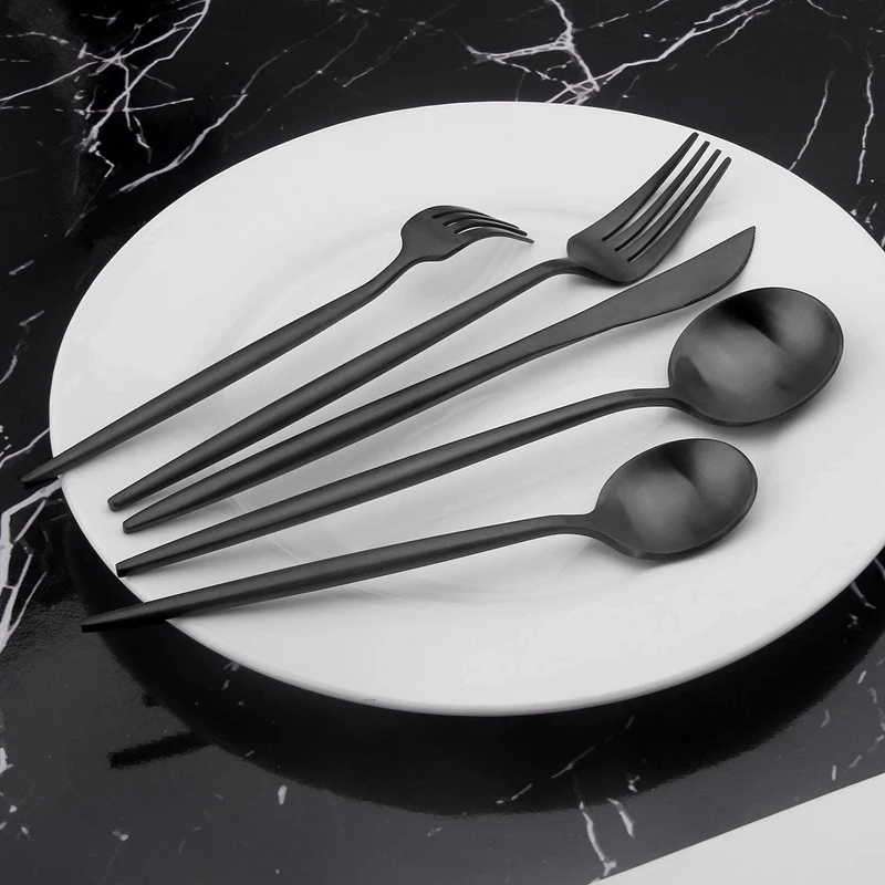 Matte Black Flatware Cutlery Set , Satin Finish 20 Piece Stainless Steel Utensils Set for Home and Restaurant.
Matte Black Flatware Cutlery Set , Satin Finish 20 Piece Stainless Steel Utensils Set for Home and Restaurant.