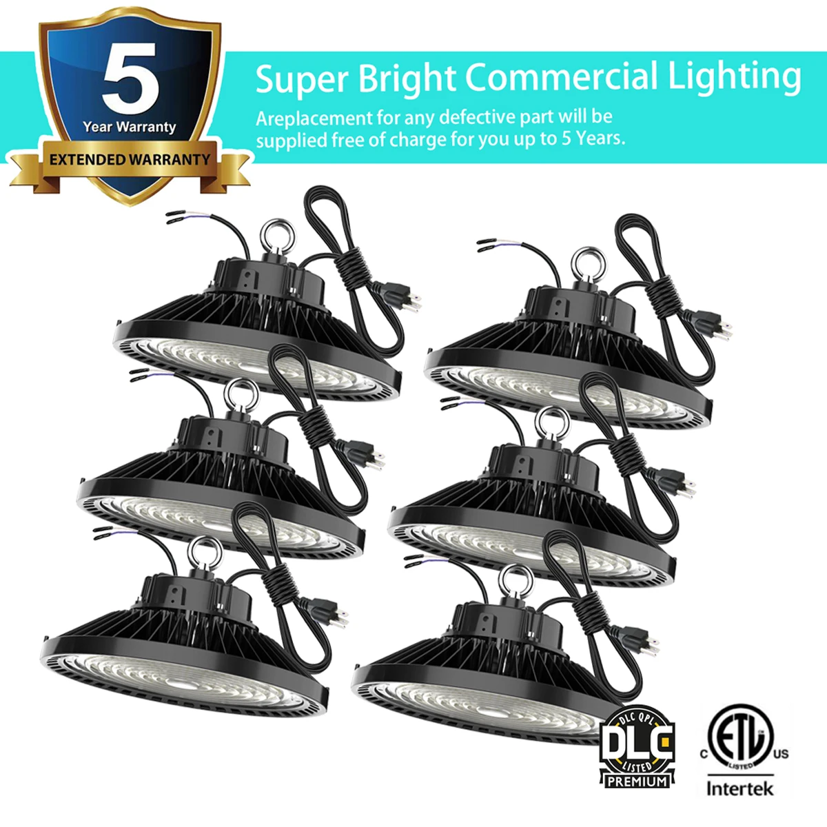 

6 Pack 150W UFO Led High Bay Light 5000K 1-10V Dimmable Commercial Industrial Warehouse Workshop Light 22500lm DLC ETL Listed