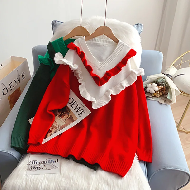 SONG YI Ruffle V-Neck Sweater Women's Oversized Autumn Winter Red Green Pullovers Sweet Girl Women Knitted Top Jumper J322
SONG YI Ruffle V-Neck Sweater Women's Oversized Autumn Winter Red Green Pullovers Sweet Girl Women Knitted Top Jumper J322