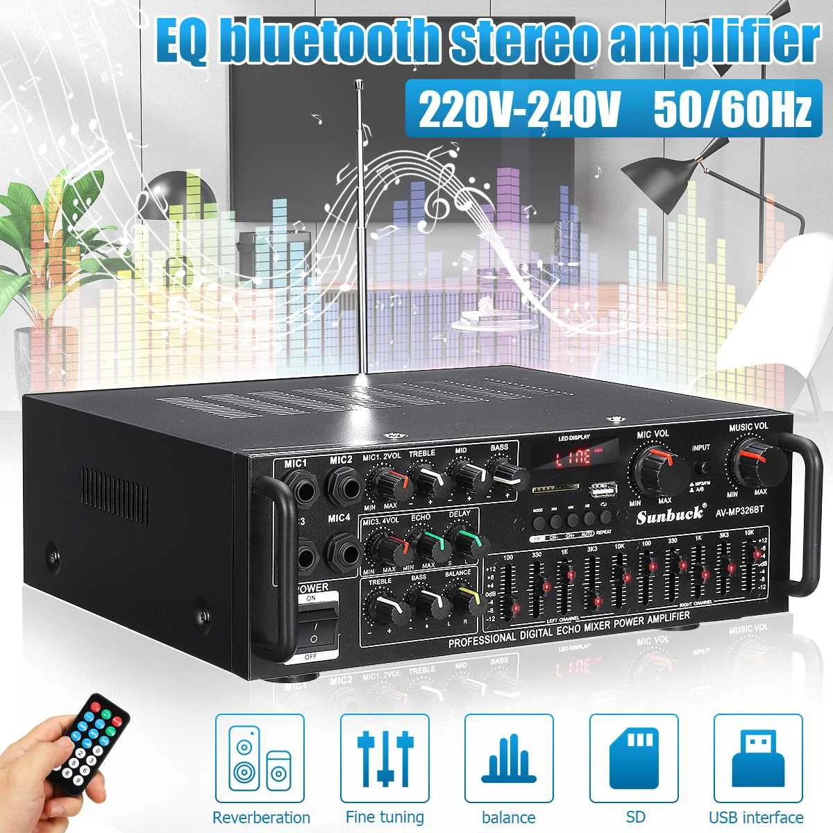 Усилитель мощности 220 В HIFI Bluetooth, профессиональный цифровой усилитель мощности, усилитель мощности для телефона, управление басами, FM, USB, SD
Усилитель мощности 220 В HIFI Bluetooth, профессиональный цифровой усилитель мощности, усилитель мощности для телефона, управление басами, FM, USB, SD