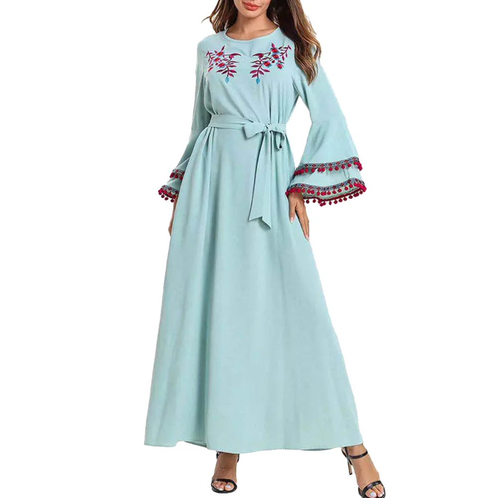 Muslim Dress Women Fashion Belt Long Sleeve Maxi Dress Islamic Clothing Light Green Casual Lace-Up Swing Dresses Woman Abaya
Muslim Dress Women Fashion Belt Long Sleeve Maxi Dress Islamic Clothing Light Green Casual Lace-Up Swing Dresses Woman Abaya