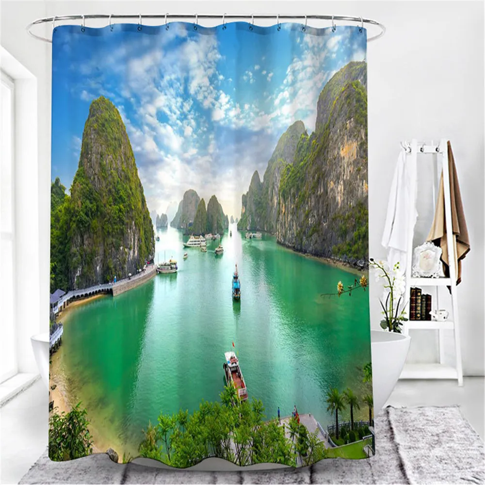 

Landscape Shower Curtains Forest Trees Green plants Waterfall 3D Print Waterproof Bathroom Home Decor Bathtub Polyester Curtain