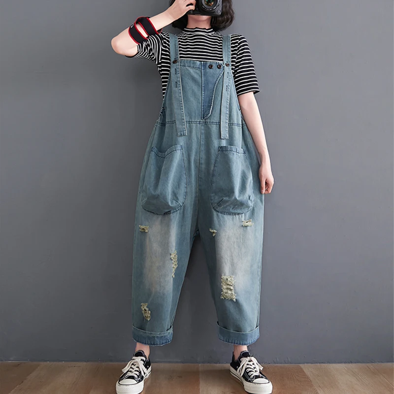 Harajuku Ripped Hole Oversized Denim Jumpsuits Women Vogue Big Pockets Loose Casual Overalls Spaghetti Strap Romper Washed Jeans
Harajuku Ripped Hole Oversized Denim Jumpsuits Women Vogue Big Pockets Loose Casual Overalls Spaghetti Strap Romper Washed Jeans