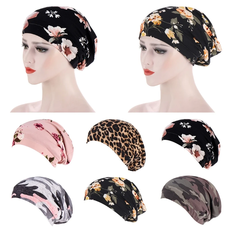 

Женская атласная шапочка для сна, леопардовая двухслойная шапочка с цветочным камуфляжным принтом, облегающая шапочка с напуском, мусульма...