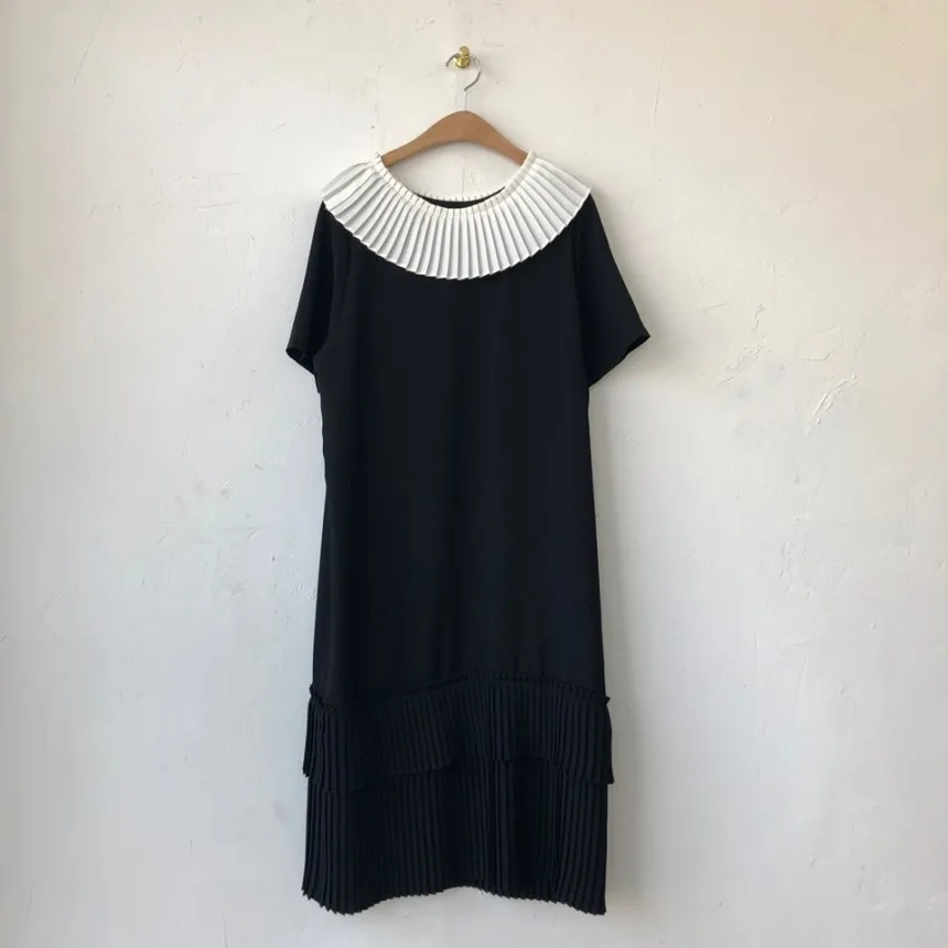 KUSAHIKI Korean Pleated Peter Pan Collar Dresses Short Sleeve Causal Woman Dress Summer Ruffle Patchwork Vestido De Mujer 6G639