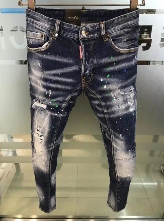 

Moto Biker New Men's Dsquared2 High Street Skinny Painted Dots Ripped Patches Trend D2 Hip Hop Trendy Men's Baggy Jeans