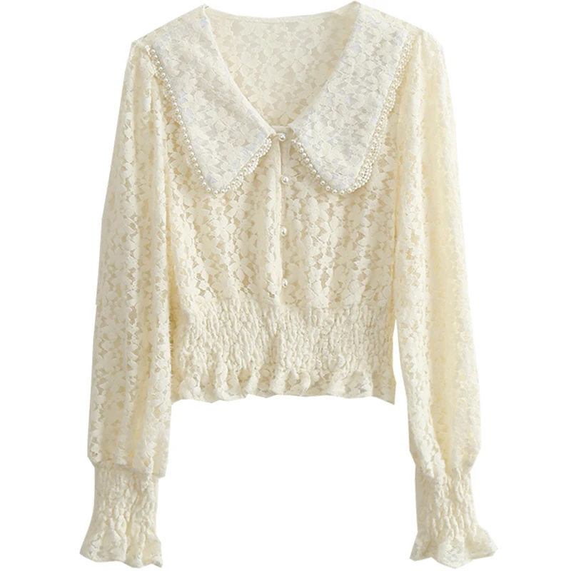 Lace Women Shirts Spring New 2021 Turn-Down Collar Pearl Beaded Slim Elastic Short Office Lady Elegant Outwear Tops
Lace Women Shirts Spring New 2021 Turn-Down Collar Pearl Beaded Slim Elastic Short Office Lady Elegant Outwear Tops