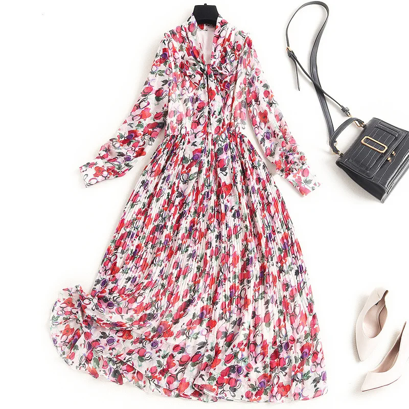 2021 Spring Women European High End Bow Tie Collar Long Sleeves Elastic Waist Printed Floral Pleated Chiffon Dress
2021 Spring Women European High End Bow Tie Collar Long Sleeves Elastic Waist Printed Floral Pleated Chiffon Dress