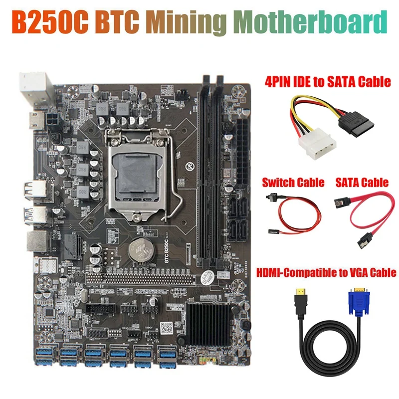 Материнская плата B250C для майнинга с 4-контактным кабелем IDE на SATA + кабель HD на VGA + кабель переключателя + кабель SATA 12 PCIE на USB3.0 слот GPU
Материнская плата B250C для майнинга с 4-контактным кабелем IDE на SATA + кабель HD на VGA + кабель переключателя + кабель SATA 12 PCIE на USB3.0 слот GPU