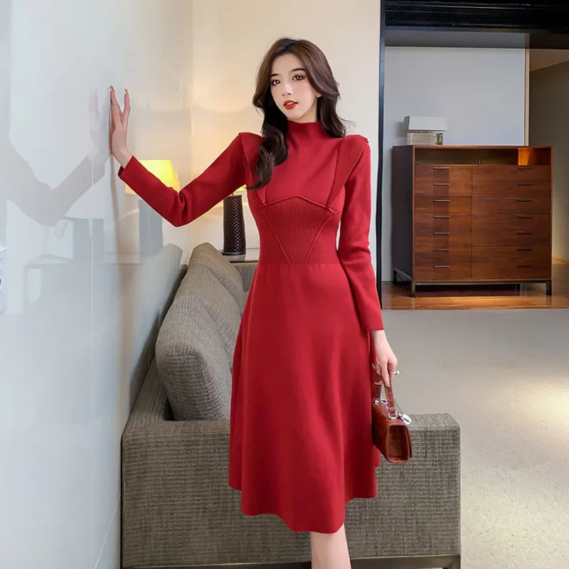 One-Piece Korean Lady Knit Dress Midi Party Dress Autumn Winter New Half-High Neck Long-Sleeved Waist Sweater Dress Base Dresses
One-Piece Korean Lady Knit Dress Midi Party Dress Autumn Winter New Half-High Neck Long-Sleeved Waist Sweater Dress Base Dresses