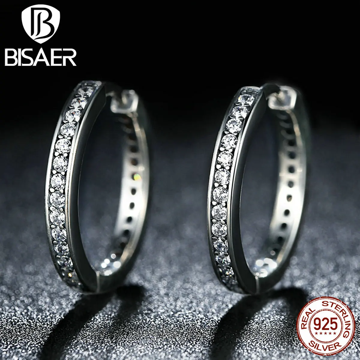 Женские круглые серьги кольца BISAER из настоящего серебра 925 пробы брендовые