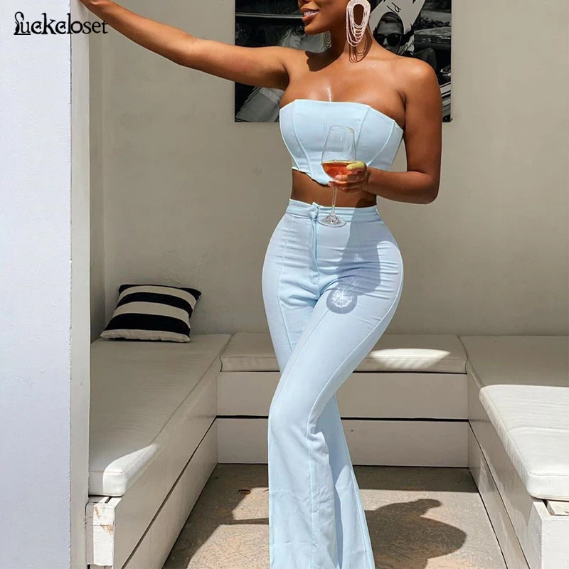 Casual Strapless Top Pants Bell Pants 2 Piece Set Female Summer Elastics Sleeveless Matching Set Street Simple Clothes
Casual Strapless Top Pants Bell Pants 2 Piece Set Female Summer Elastics Sleeveless Matching Set Street Simple Clothes