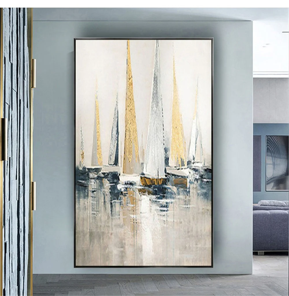 

Abstract Seascape Oil Paintings Sunrise Sailing Ship Wall Art 100% Handmade Landscape Canvas Pictures Decor Home Gold Mural