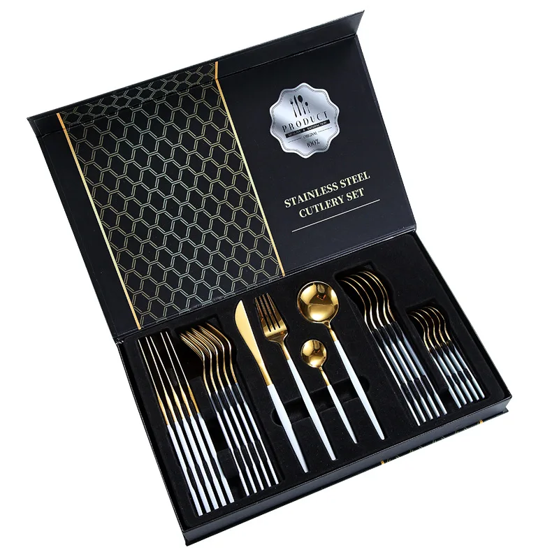 24PCs Gold/Silver Glossy Stainless Steel Tableware Cutlery Sets Knife Spoon Fork Dinner Set Family Supplies Gift Box Flatware
24PCs Gold/Silver Glossy Stainless Steel Tableware Cutlery Sets Knife Spoon Fork Dinner Set Family Supplies Gift Box Flatware