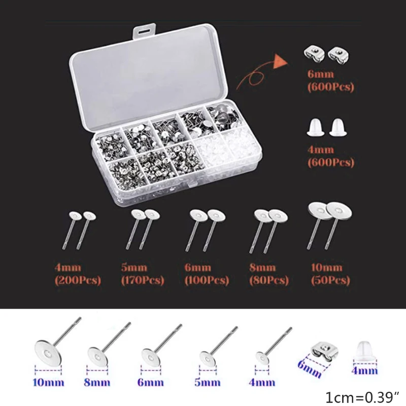 1800Pcs/Box Earring Making Supplies with Alloy Earring Posts Earring Backs for DIY Jewelry Studs Earrings