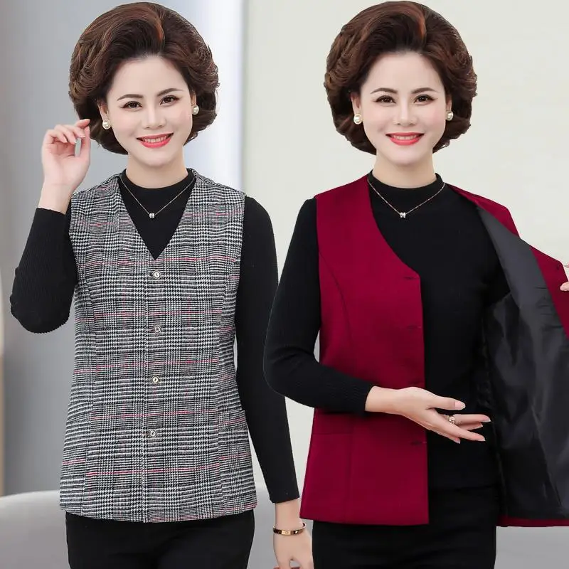 2021 Spring Autumn Short Vest Jacket Middle-aged Mother Slim Sleeveless Outwear Casual Women Plaid Vest Coat Tops With Lining
2021 Spring Autumn Short Vest Jacket Middle-aged Mother Slim Sleeveless Outwear Casual Women Plaid Vest Coat Tops With Lining
