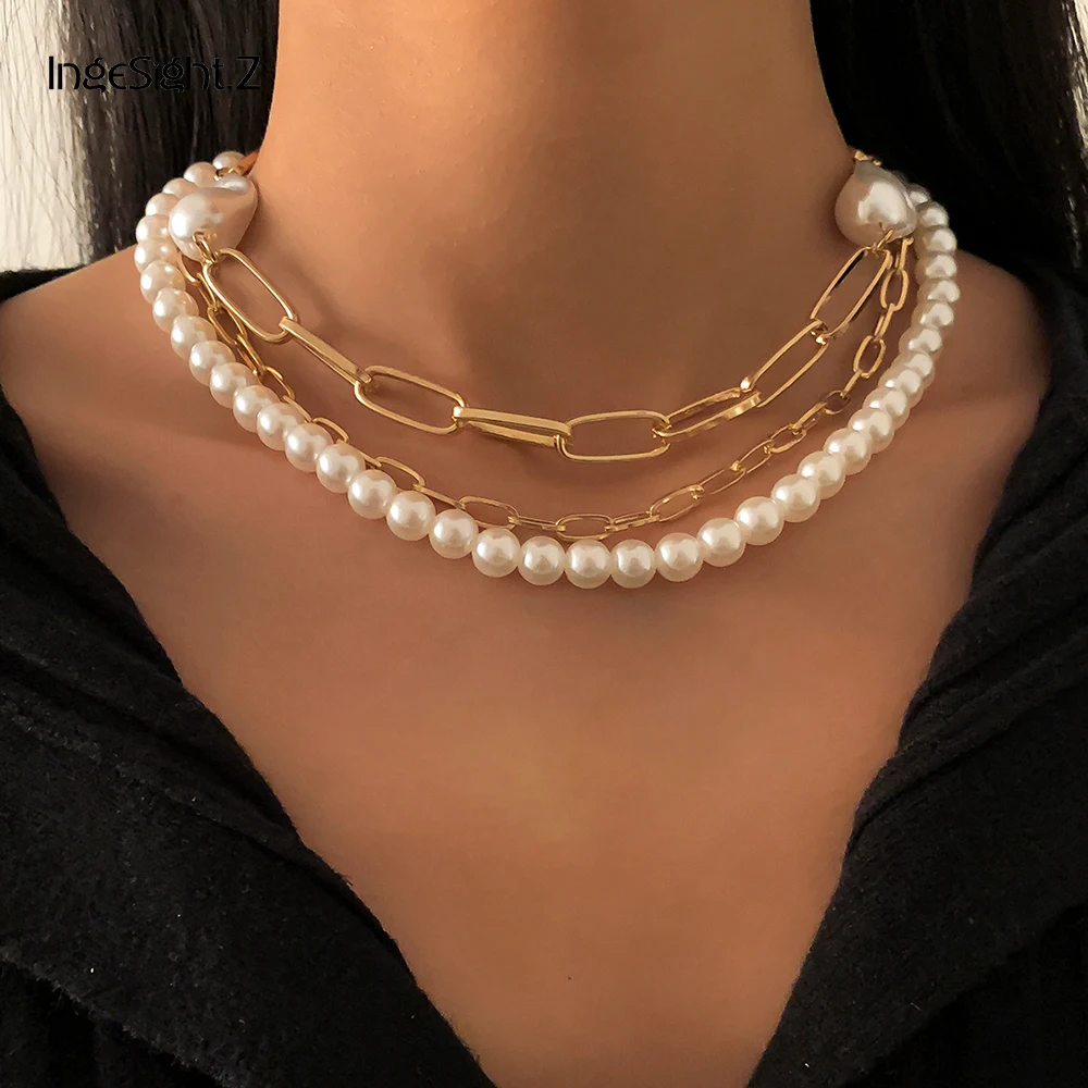 

IngeSight.Z 3Pcs/Set Baroque Imitation Pearl Choker Necklace Women Multi Layered Miami Curb Link Chain Necklaces Collier Jewelry