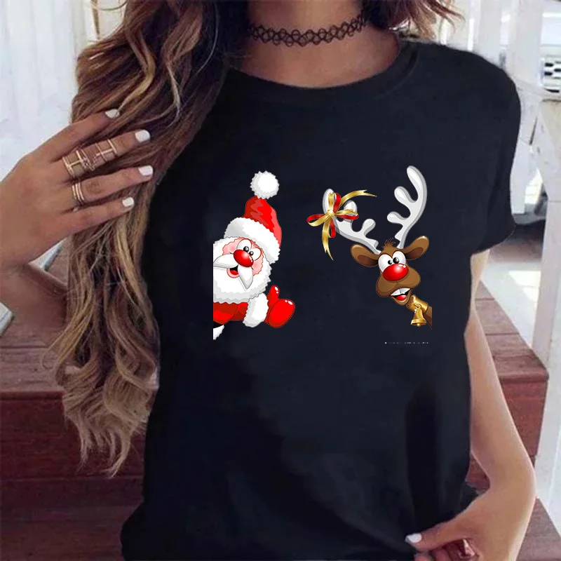 

Лидер продаж 2021, футболка с изображением животного оленя, новый год, праздник, топ, Счастливого Рождества, мультяшный тренд, женская черная с...