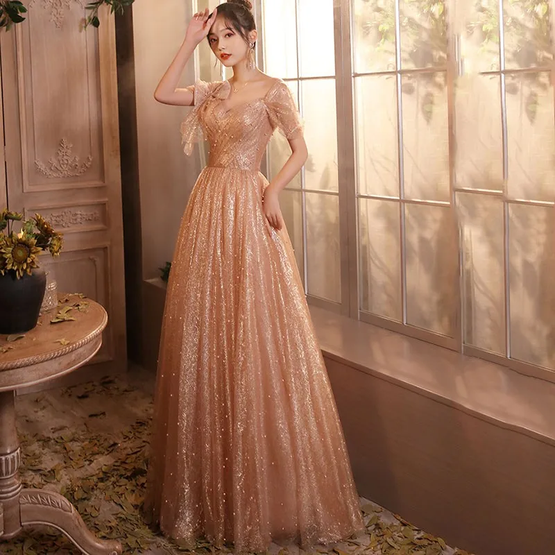 

Sexy V-Neck Perspective Puff Sleeve Qipao Beaded Geometric Champagne Maxi Cheongsam Elegant Princess Pleated Banquet Dress Gown