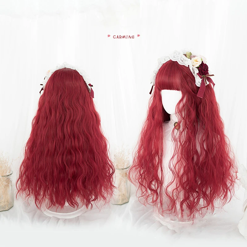 

LM Red Wigs For Women Wavy False Hair Synthetic Hair Wigs With Neat Bangs Women's Long Natural Wigs Lolita Cosplay Wig
