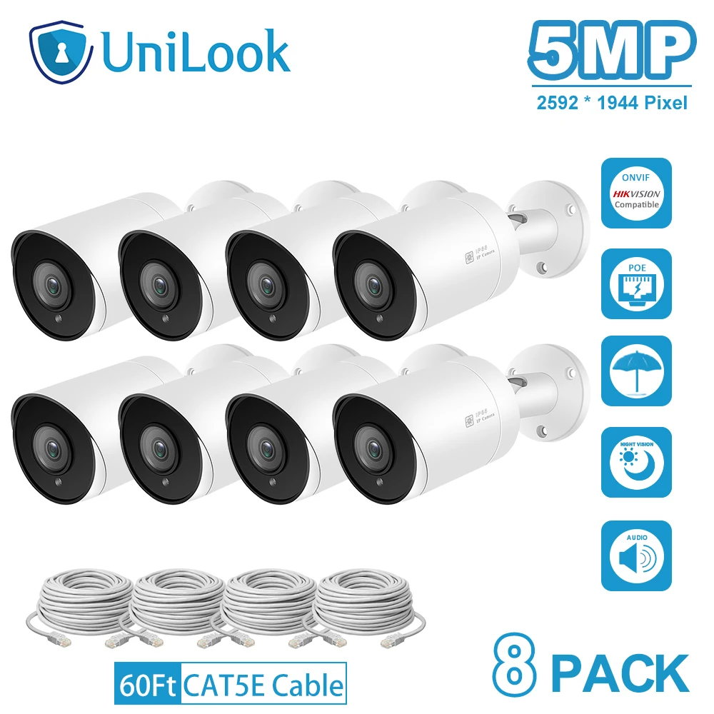 

UnilLook 5MP Bullet IP Camera 8PCS POE Built-in Microphone SD Card Slot IR 30m Security Camera Outdoor IP 66 H.265 ONVIF