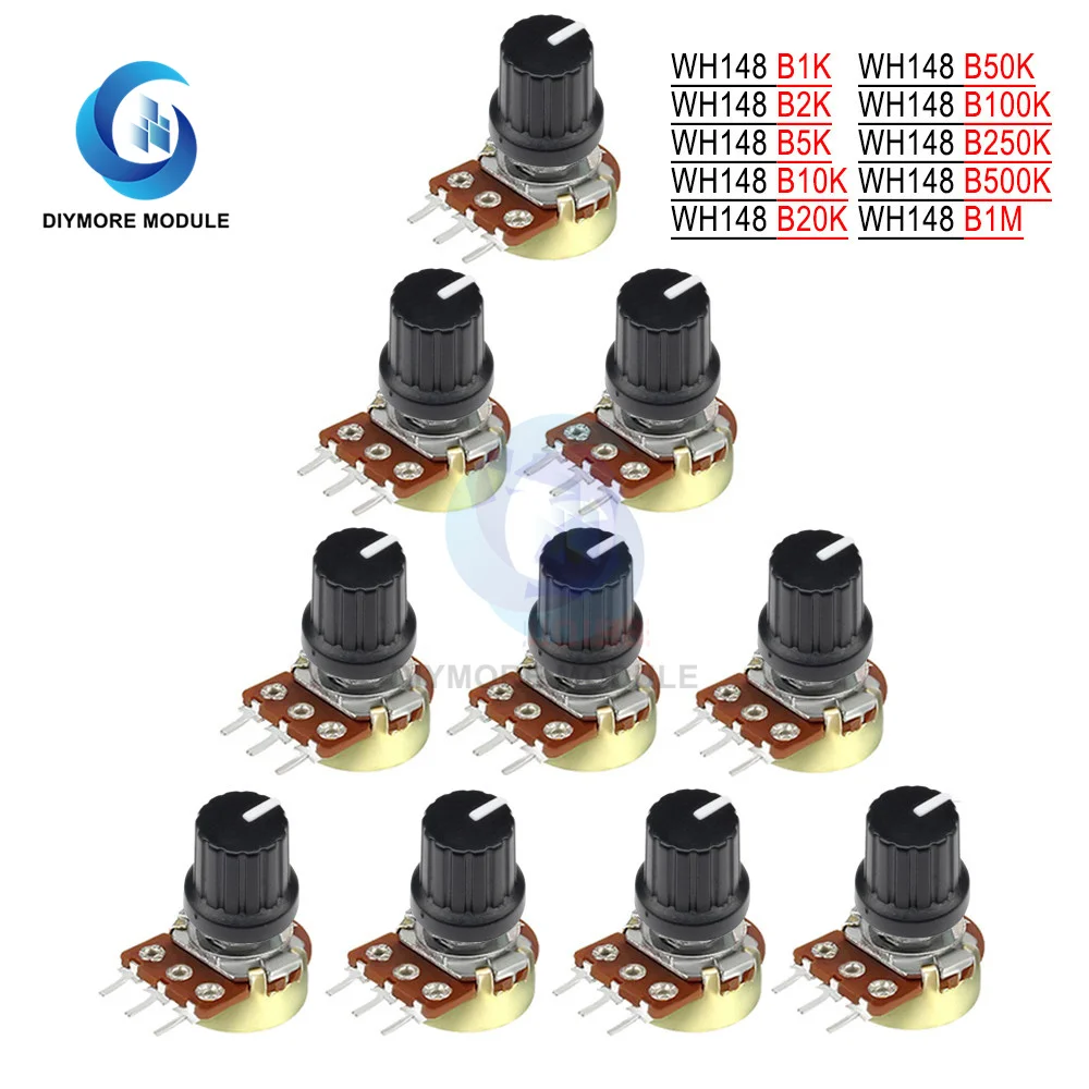 5 PCS/Lot WH148 Potentiometer 1K 5K 10K 20K 50K 100K 500K Ohm Resistor 3 Pin Linear Taper Rotary Potentiometer w/Cap Knob 
5 PCS/Lot WH148 Potentiometer 1K 5K 10K 20K 50K 100K 500K Ohm Resistor 3 Pin Linear Taper Rotary Potentiometer w/Cap Knob