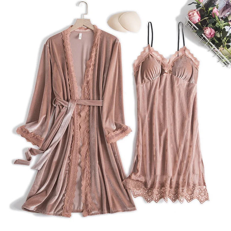 Velour Lace Bathrobe Nightwear Femme Twinset Bridal Wedding Robe Set V-Neck Sleepwear Casual Sexy Home Dressing Gown Loungewear
Velour Lace Bathrobe Nightwear Femme Twinset Bridal Wedding Robe Set V-Neck Sleepwear Casual Sexy Home Dressing Gown Loungewear